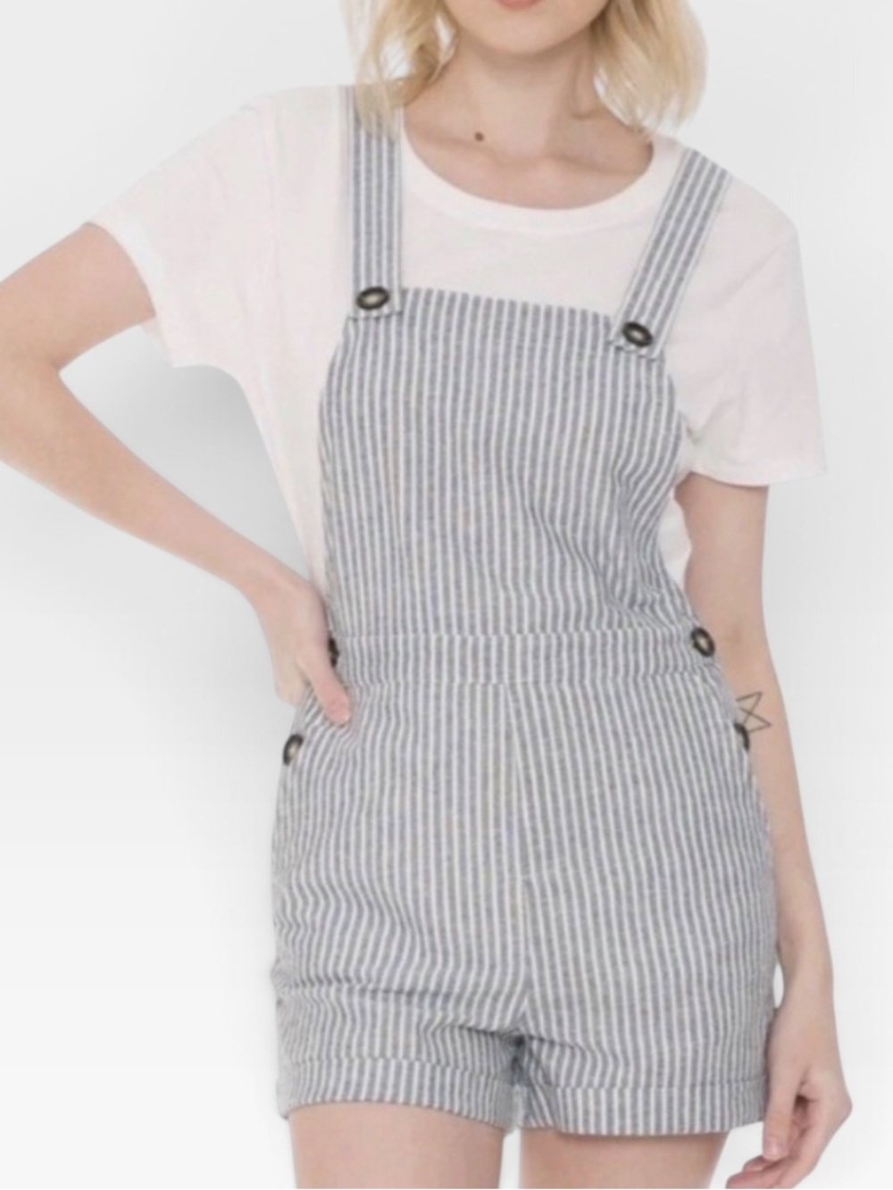 EUC Cali1850 Blue Stripe Linen Cotton Short Overalls Romper Size XS
